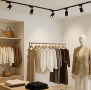 Clothing store interior with installed tracked lights.