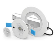 A white circular recessed light fixture kit with mounting hardware, a separate LED bulb, and blue alignment tabs, shown on a clean white background.