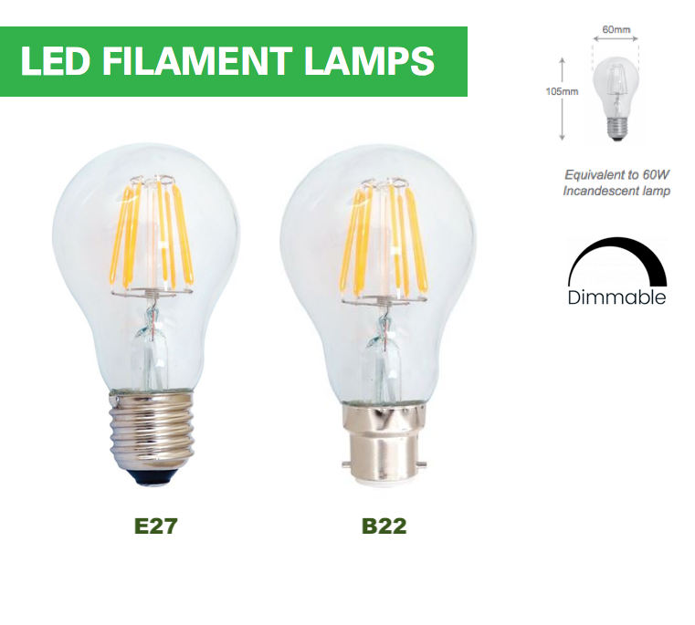 A60 230V LED Filament Lamp Dimmable 